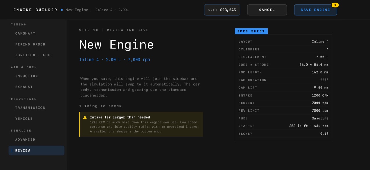 Engine spec sheet on iPhone