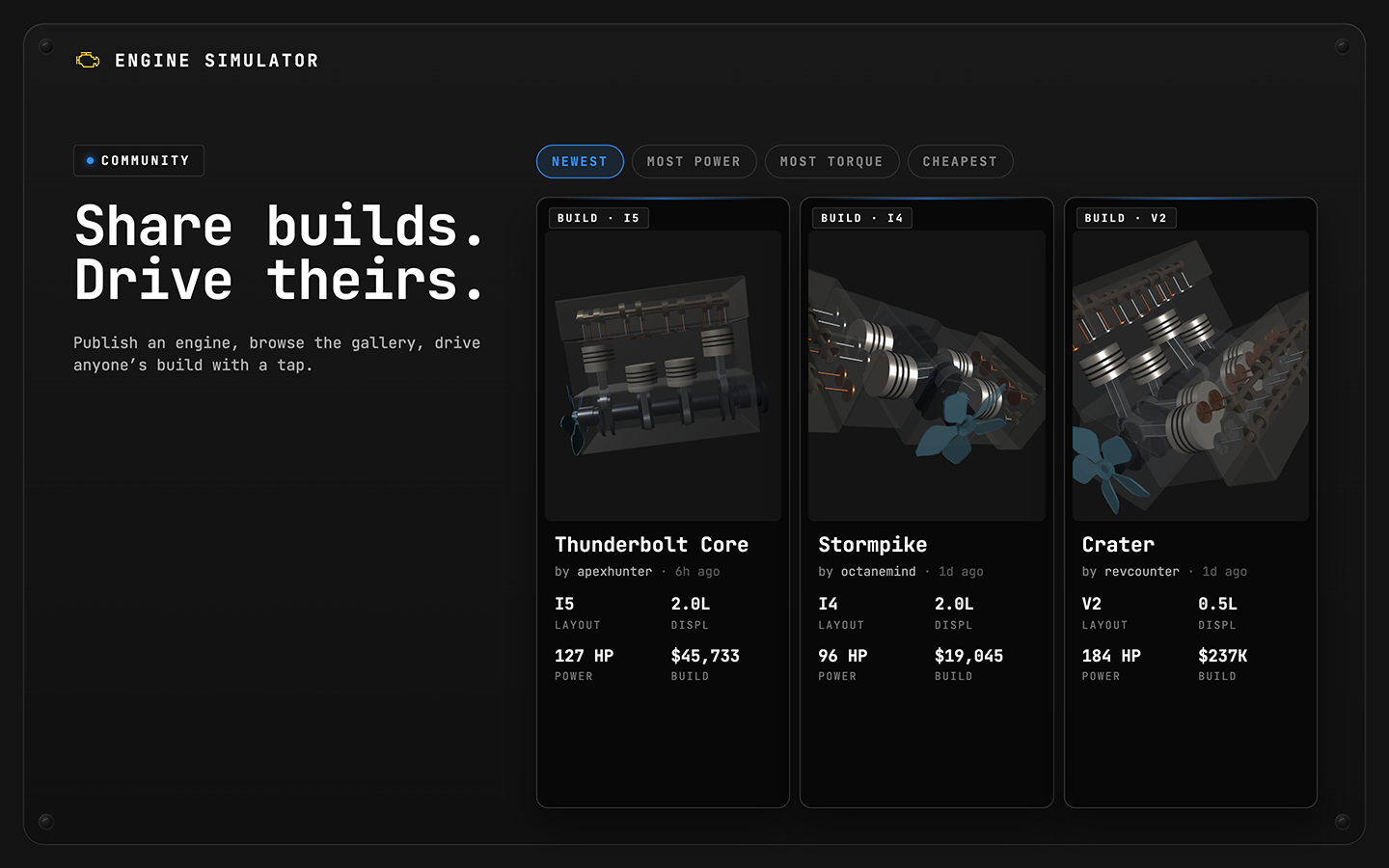 Community gallery of shared engine builds