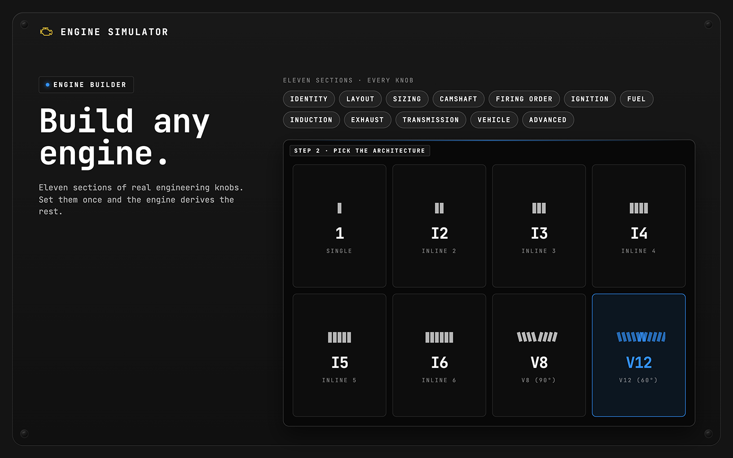Engine builder with eleven sections of parameters