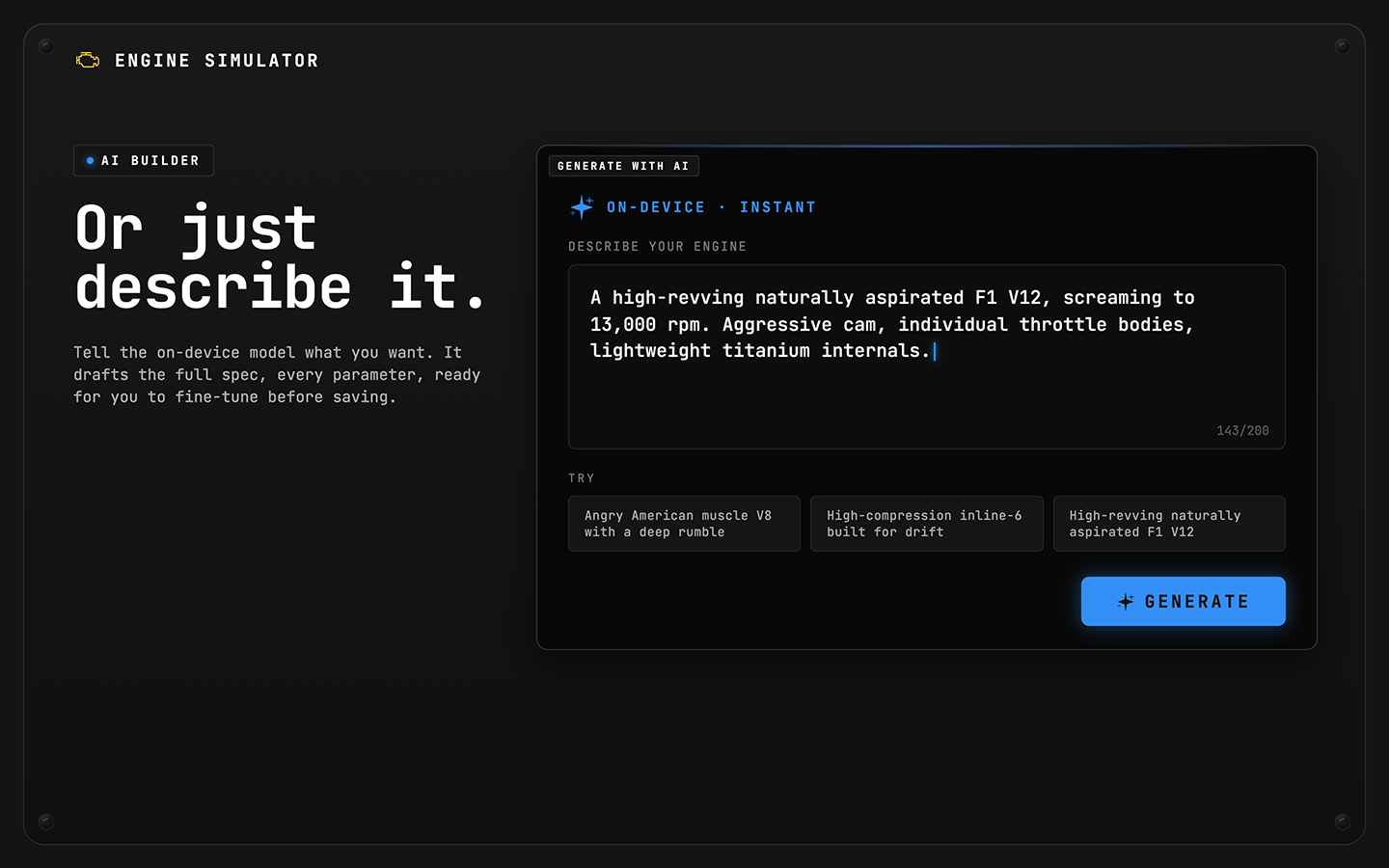 AI builder generating an engine from a text description